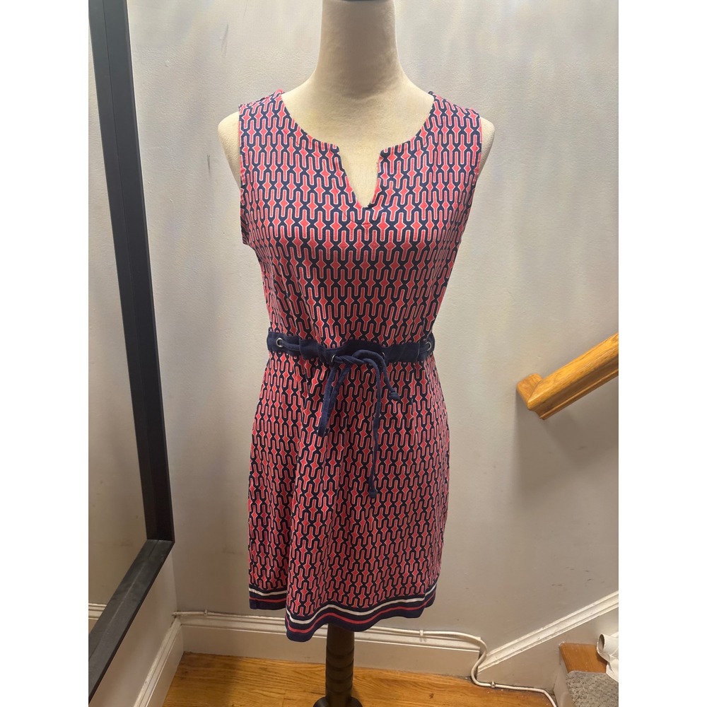 Rafaella Geometric Trellis Knit Dress Womens Medium Petite Pink Navy